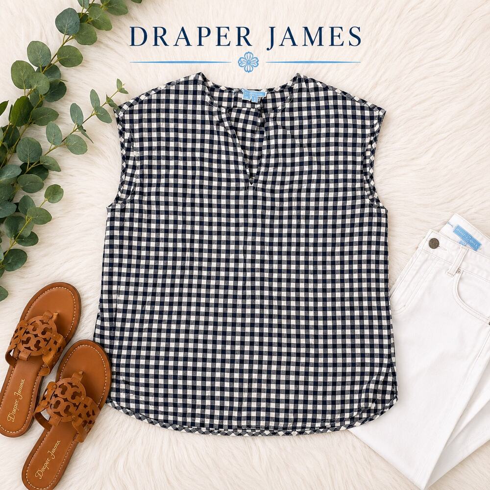 Draper James Navy & White Gingham Sleeveless Blouse Top Size Small